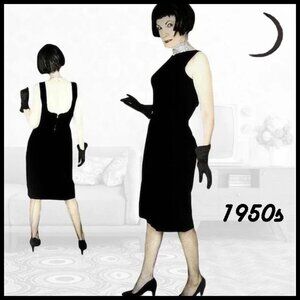 Black Velvet Dress Vintage 1950s Boat Neckline 50s Minimalist Sheath  Low Back